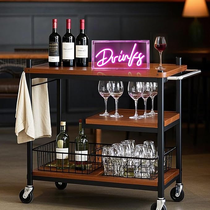 Drinks Neon Sign, Drinks Signs USB LED Desk Lightbox with ON/OFF Switch, Light Up Sign for Table Decor, Home Bar, Kitchen, Club, Pub, Restaurant Wall Decor & Bar Cart Accessories (Pink)