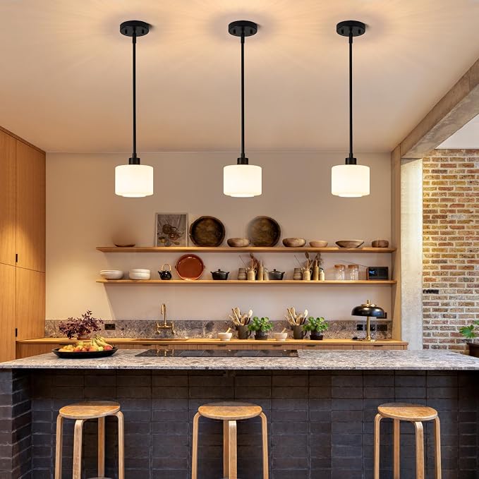 Milk Glass Pendant Lights Kitchen Island, 1-Light Modern Black Hanging Light Fixtures with Rods, Mini Kitchen Pendant Lighting Over Island for Sink Bathroom, OS-YQ8153-1PBK