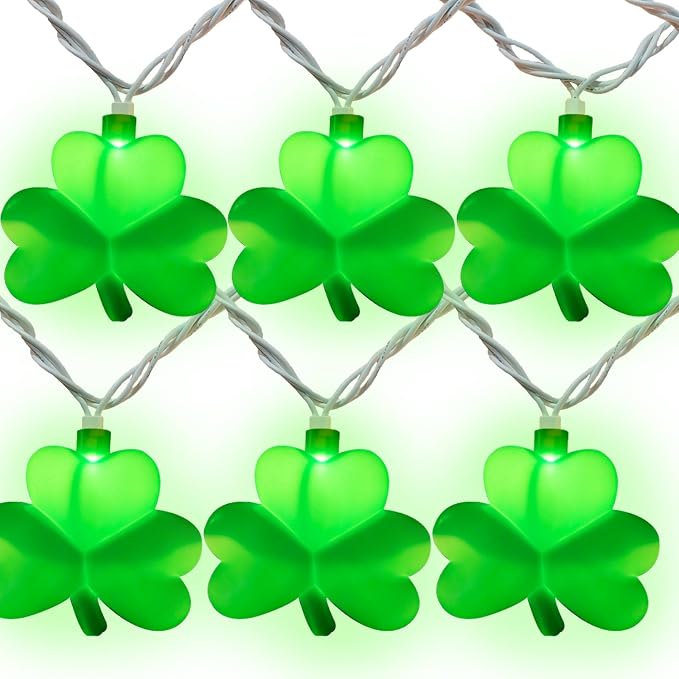 Shamrock String Lights, 8.5Ft St Patrick's Day Decorations with 10 LED Solid Green Clover Lights, Plug in Clover Fairy String Lights for Party Bar Garden Bedroom Party Irish Holiday Decor
