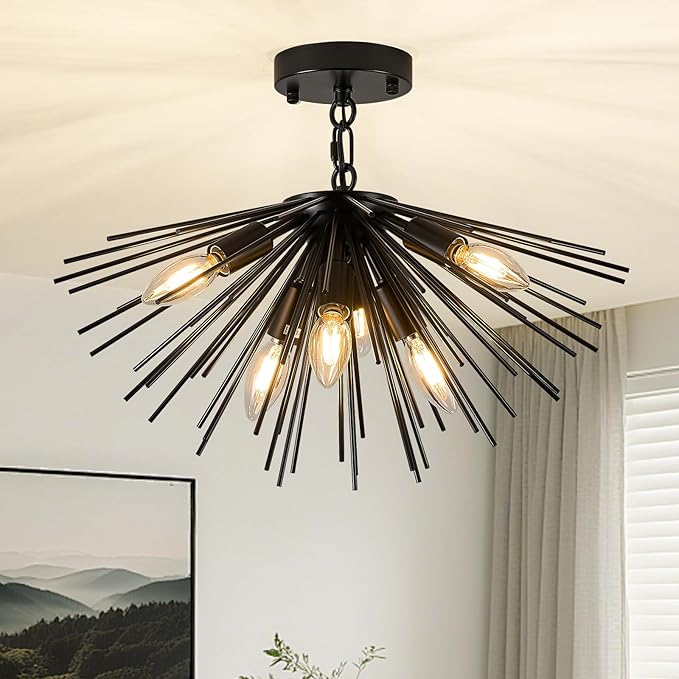 Black Sputnik Ceiling Light Fixture 6-Light Starburst Chandelier Ceiling Light Mid-Century Modern Satellite Chandelier Solid Metal Urchin Chandeliers for Entry Dining Room Kitchen Sink