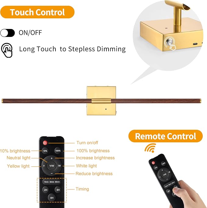 Morauroral Walnut Gold Battery Operated Wall Sconce with Remote Control, Rechargeable Wall Sconces Set of 2, LED Wireless Wall Light, Modern Sconce Wall Decor for Bedroom, Living Room