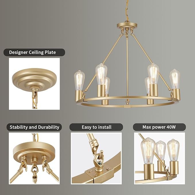 6-Lights Gold Chandelier | Dia 24'' Farmhouse Wagon Wheel Chandelier | Rustic Hanging Dining Room Light Fixture | Apply to Living Room | Kitchen Island | Entryway | Foyer