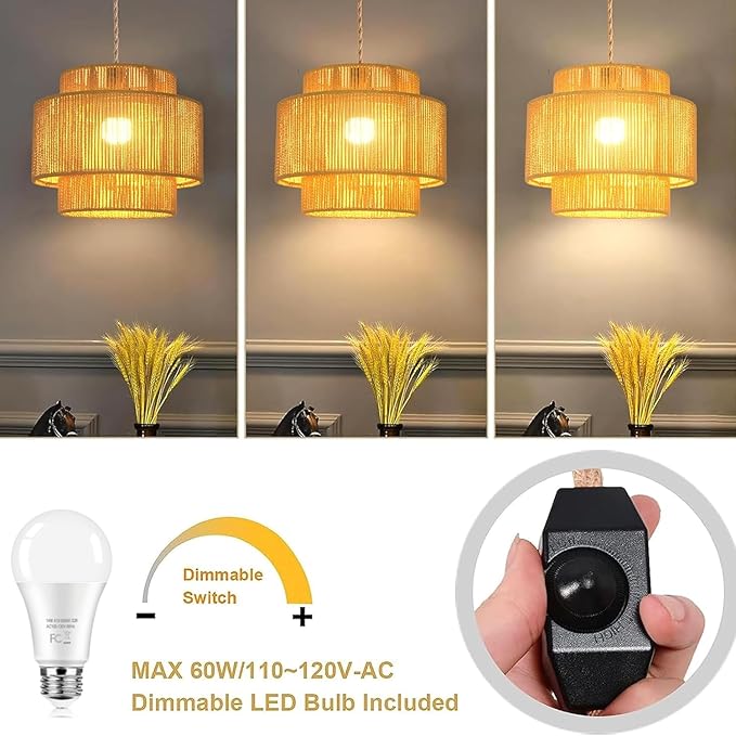Plug in Pendant Light Hanging Lights with Plug in Cord Boho Hanging Lamp Dimmable,Rattan Wicker Woven Bamboo Lamp Shade, Plug in Ceiling Light Fixture for Living Room Bedroom Kitchen