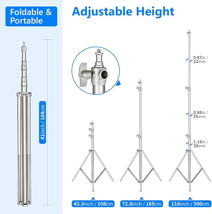 NEEWER 118"/3m Stainless Steel Light Stand, Spring Cushioned Heavy Duty Photography Tripod with 1/4" to 3/8" Universal Screw Adapter for Strobe, LED Video Light, Ringlight, Monolight, Softbox