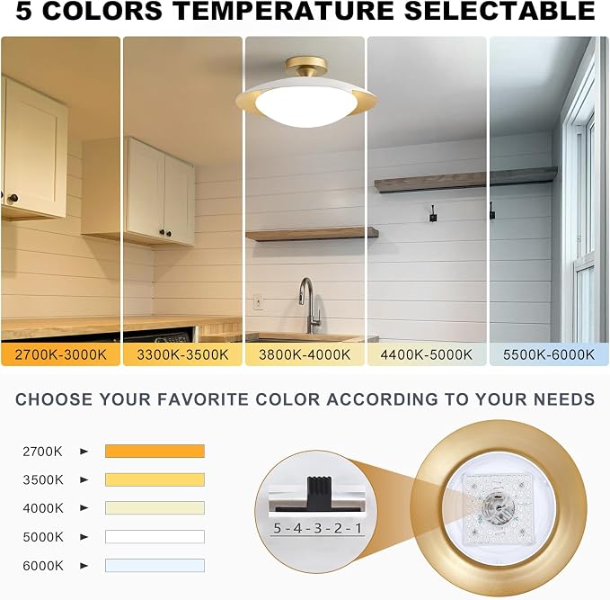 YURNYQ Dimmable Modern LED White and Gold Ceiling Light Fixture 15.75 in | Glass Shade Kitchen Semi Flush Mount Ceiling Light Fixture,5CCT In One Light Fxiture for Hallway Bedroom Laundry Room Foyer