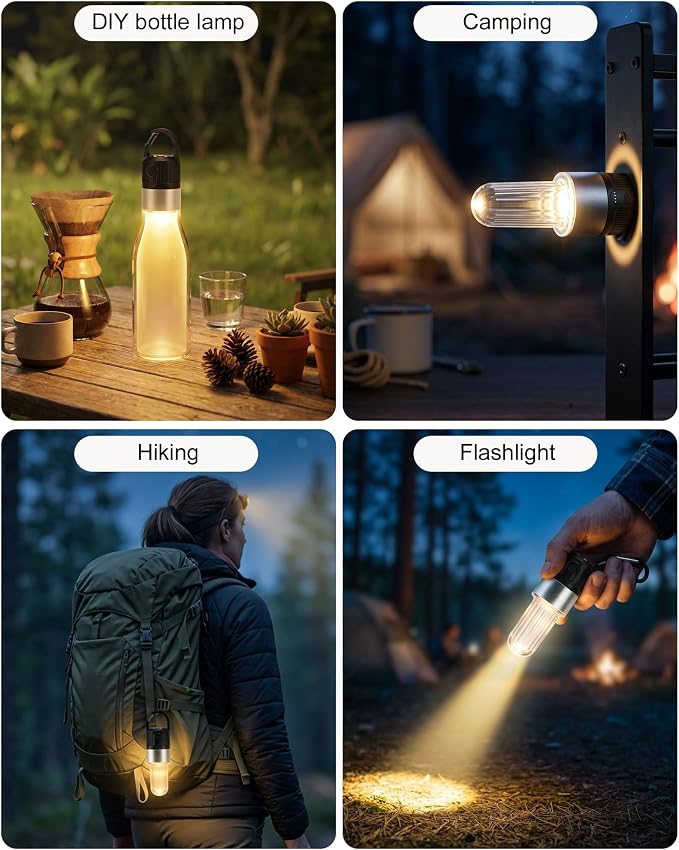 pearlstar 4 Pack Led Camping Lantern USB Rechargeable Outdoor Tent Lights with Clip for Hanging Hook Camping Flashlight Emergency Lamp, 4 Modes/IPX5 Waterproof/Battery Powered (Black)