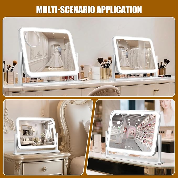 Vanity Mirror with Lights, 16.5"×12.2" LED Makeup Mirror, Rounded Frame, 10X Magnification, Smart Touch with 3-Color Lighting, Dimmable, 360° Rotation, Lighted Up for Makeup Desk, Bedroom (White)