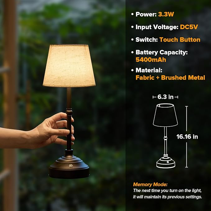 2 Pack Cordless Table Lamp, Rechargeable Desk Lamp with Fabric Shade, Battery Operated 3 Color Stepless Dimming, Small Touch Bedside Lamp Home Decor for Dining, Counter(Matte Black)