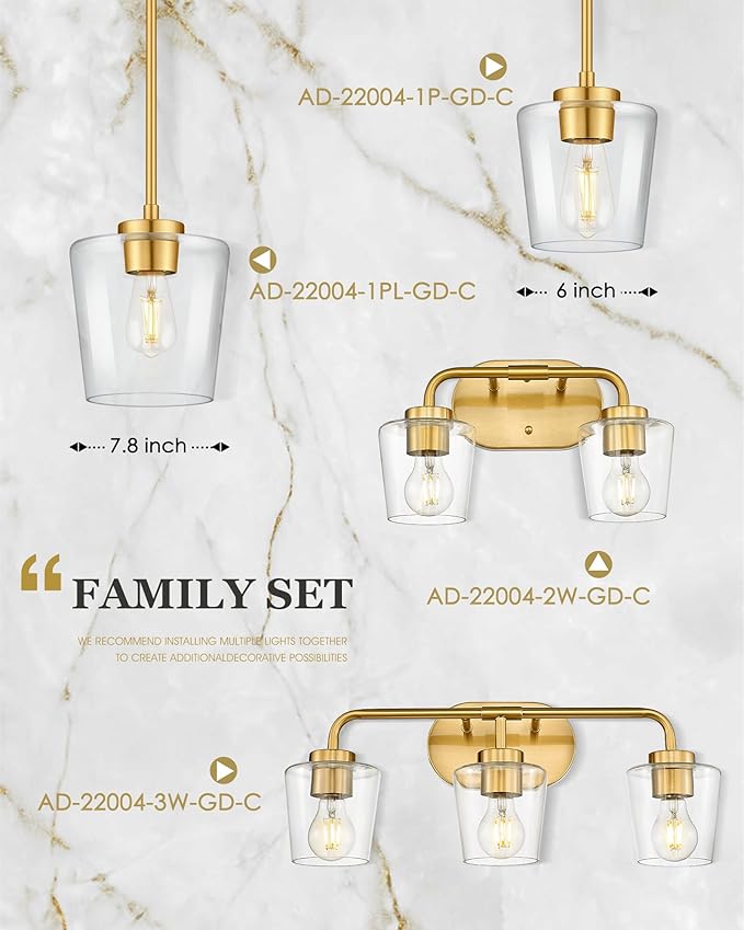Audicki 2-Packc Pendant Lights Kitchen Island, 8" Brushed Gold Hanging Lights Fixtures with Clear Glass Shade, Modern Kitchen Pendant Lighting Over Island for Dining Room, AD-22004-1P2L-GD-C