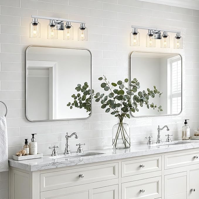 4-Light Chrome Vanity Lights,24" Bathroom Light Fixtures | Modern Polished Chrome Bathroom Lighting over Mirror with Clear Glass Shades,Farmhouse Bathroom Wall Sconece over Sink,E26