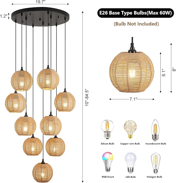 Round 9 Light Boho Pendant Light Rattan Hanging Lamp | Hand Woven Wicker Small Chandelier Hanging Lights Fixture for Bedroom Kitchen Hallway Foyer