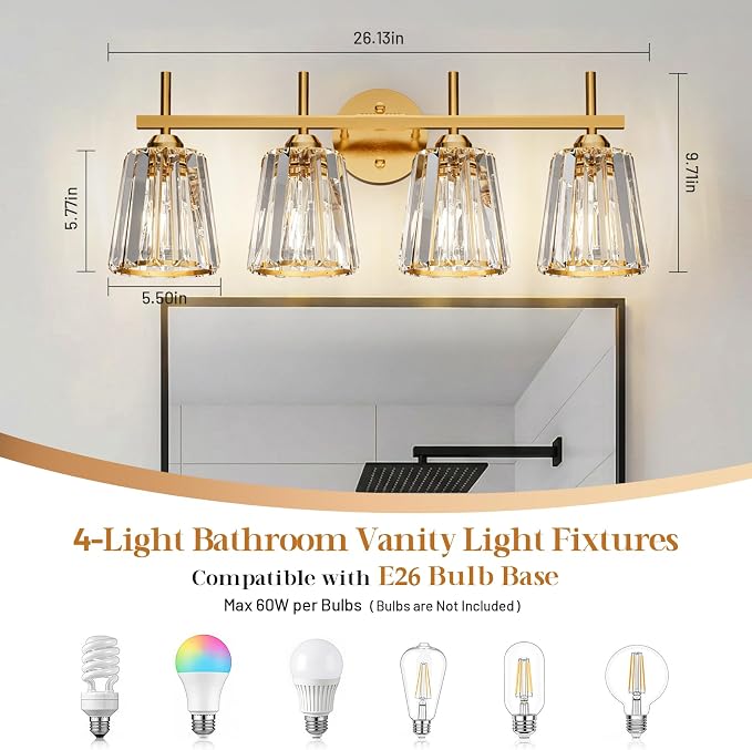 Crystal Bathroom Light Fixtures Over Mirror, Gold 4-Light Bathroom Vanity Lights Over Mirror Modern Wall Lighting Sconces with Ceramic E26 Base (Bulbs Not Include)
