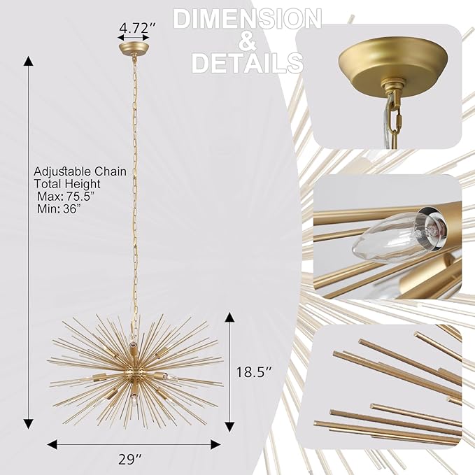 29" Modern Sputnik Chandelier 9-Lights Mid Century Modern Starburst Golden Chandelier Luxury Gold Solid Metal Sputnik Satellite Chandeliers for Dining Room, Kitchen Island, Bedroom