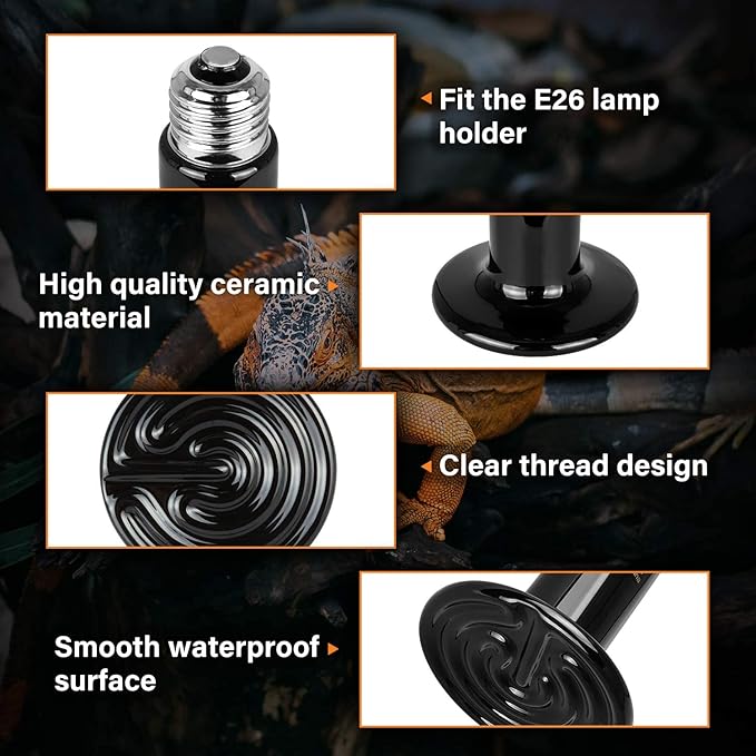 Simple Deluxe 25W Ceramic Heat Emitter Reptile Heat Lamp Bulb No Light Emitting Brooder Coop Heater for Amphibian Pet & Incubating Chicken, Black, 1-Pack