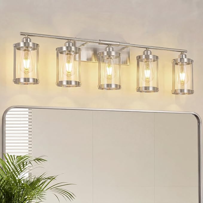 5-Light Brushed Nickel Bathroom Light Fixtures Over Mirror with Clear Glass and Metal Cage Shade, 38" UL-Listed Modern Farmhouse Wall Sconce for Bath, Hardwire E26, OS-3014BN-5W