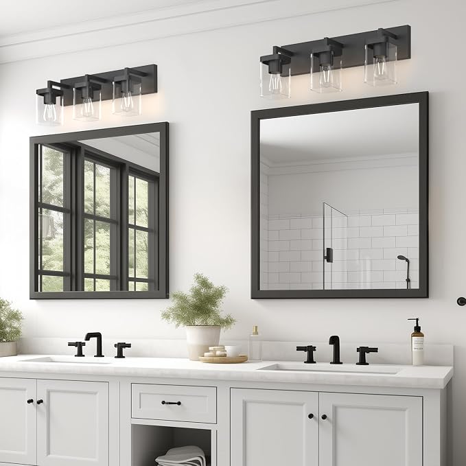 Bathroom Lighting Fixtures Over Mirror, Square Design & Rectangle Large Backplate, 3 Lights Morden Vanity Lighting Fixtures, Bathroom Light Fixtures for Bathroom/Living Room/Bedroom, Black