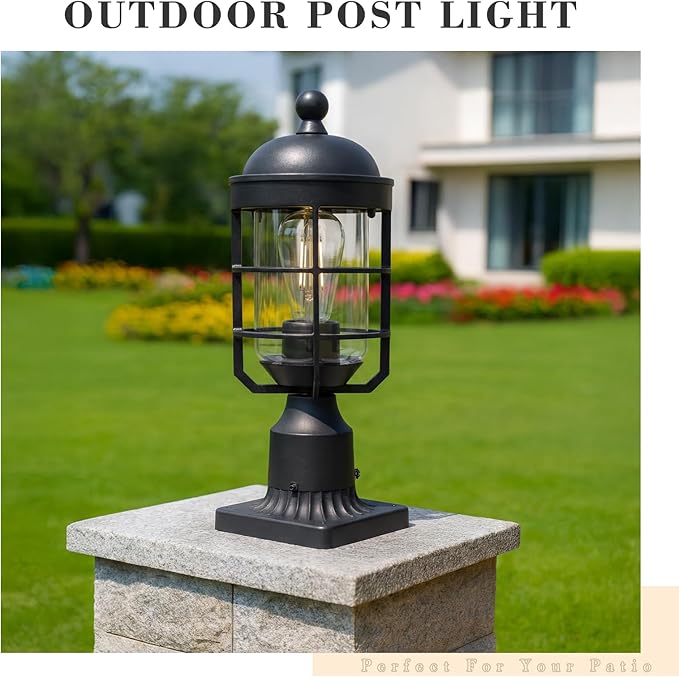 Emliviar Modern 14.4 Inch Lamp Post Light, Black Pole Light Outdoor for Walkway, Outside Post Lantern with Clear Tempered Glass Shade, GE255P-L BK