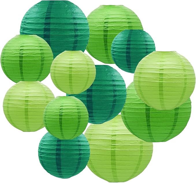 CC wonderland zone 12pcs Green Paper Lanterns,Round Hanging Paper Lampshade for Baby Shower Forest St. Patrick's Day Party Decoration