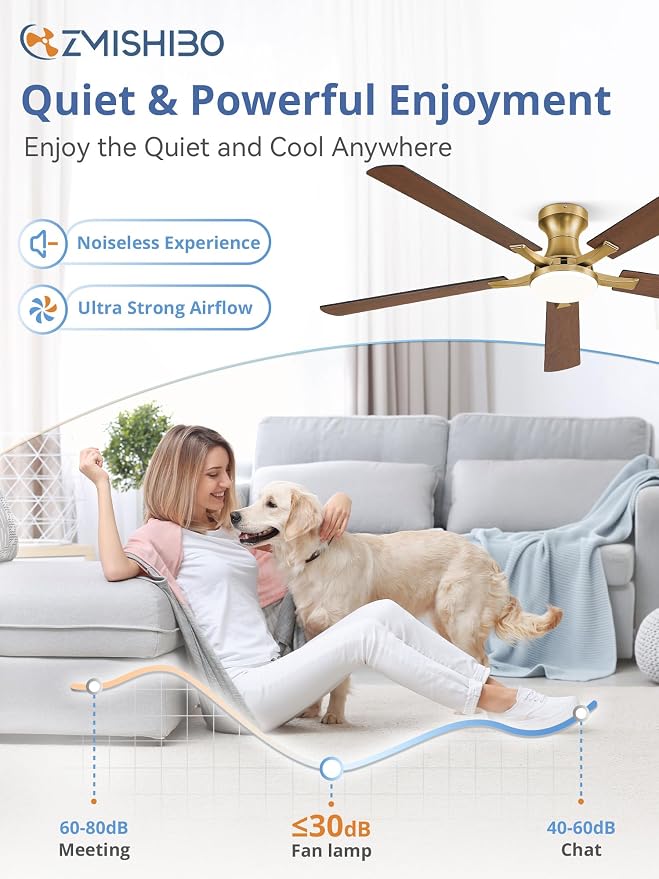 ZMISHIBO 60 Inch Ceiling Fans with Lights, Remote&App Control, Flush Mount | Low Profile, Dimmable 20W LED Light, Quiet Reversible Motor, Strong Airflow, Easy Install for Bedroom/Living Room/Apt, Gold