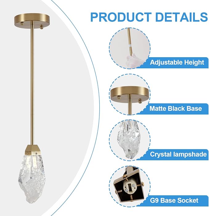 Modern 1-Light Brass Stem Rock Crystal Mini Pendant Lamp | Adjustable metal stem, textured ice crystal shade, modern brass finish, for kitchen island bedroom bathroom vanity lighting