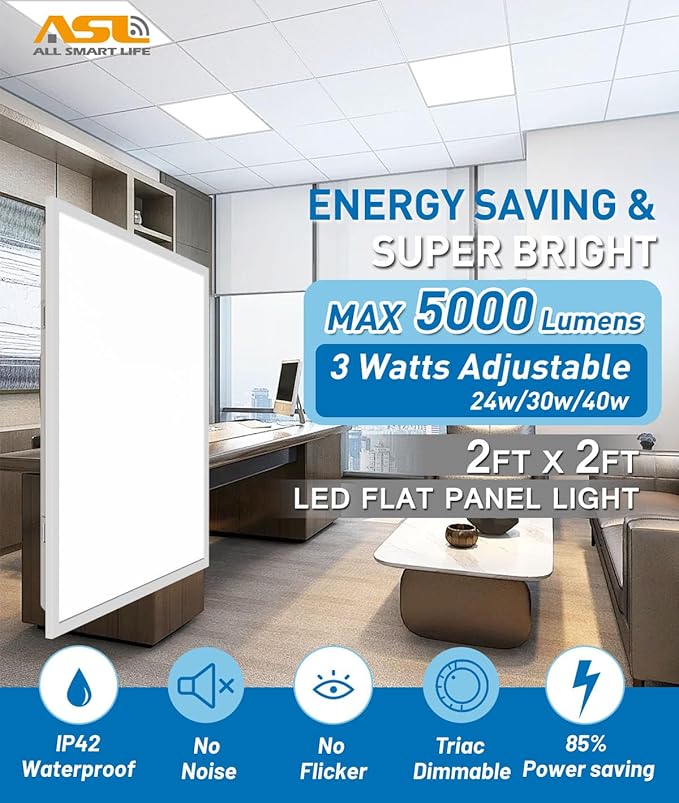 Allsmartlife 2x2 LED Flat Panel Lights for Drop Ceiling 6-Pack, 40W/4998LM Triac Dimmable, 5CCT 3000K-3800K-4500K-5000K-6000K, IP42, 2Ftx2Ft Back-Lit Recessed Troffer Light Fixtures, ETL