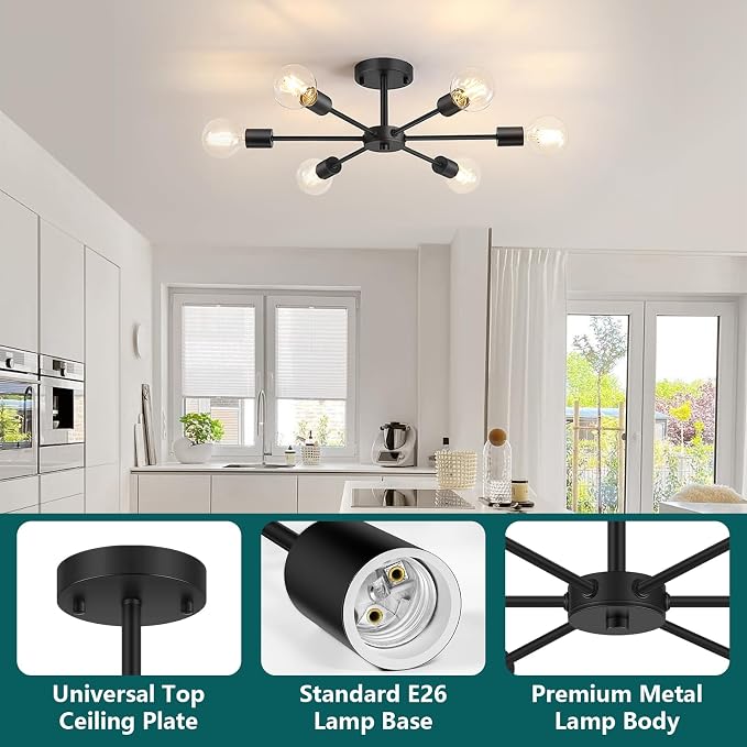 Lomoky 6-Lights Semi Flush Mount Ceiling Light, Matte Black Close to Ceiling Lighting with E26 Base, Modern Sputnik Light Fixtures for Kitchen Dining Room Bedroom Living Room