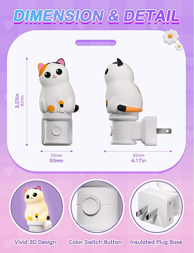 KINDEEP Night Light for Kid: Cute Cat Animal Nightlights Plug in Wall, RGB & Soft White 3000K with Dusk to Dawn Sensor, 3D Dim Night Light for Baby Nursery Room Bedroom Decor, 2 Pack Calico Cat