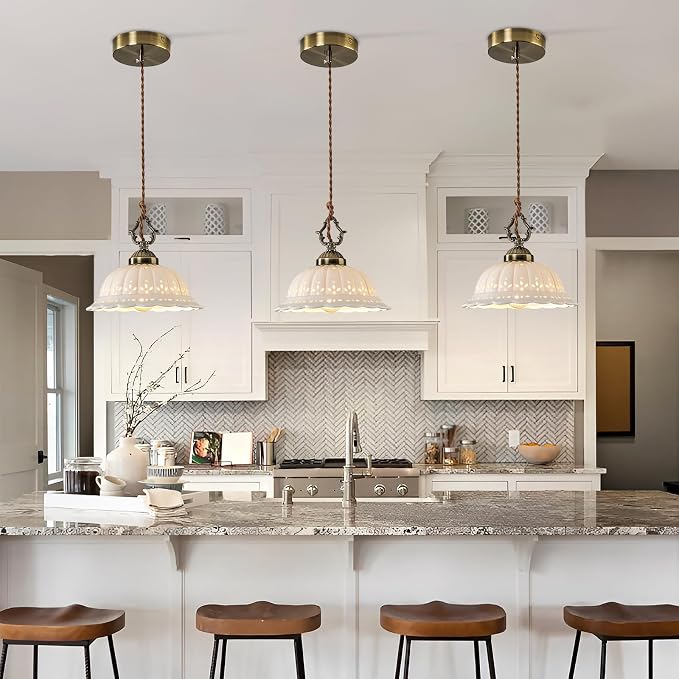 Ceramic Pendant Light 1-Light Adjustable Cord Industrial Ceiling Hanging Light Brass Vintage Chandelier for Kitchen Island Bar Dining Room Bedroom Foyer Hallway Farmhouse