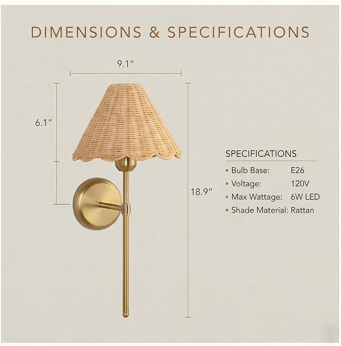 Rattan Wall Sconce Set of 2, Hardwired Boho Wall Sconces with Handwoven Rattan Shade, Gold Wall Lights for Bedroom, Bedside, Hallway, Living Room