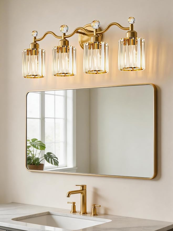 4-Light Gold Bathroom Light Fixtures,Modern Bathroom Vanity Lights Fixture with Clear Crystal Glass Shade, Modern Crystal 3 Lights Wall Sconce for Mirror Bedroom Living Room
