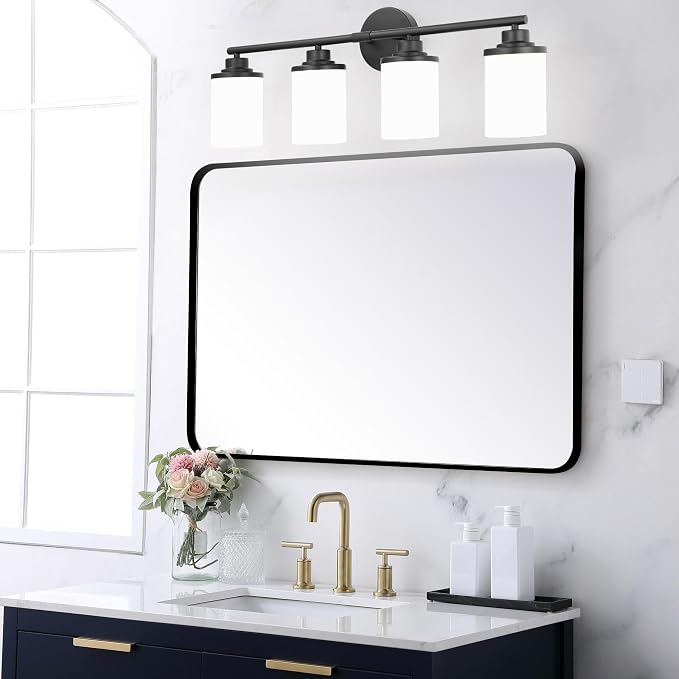 Bathroom Light Fixtures,Matte Black Bathroom Lights,4-Light Vanity Light Over Mirror,Modern Vanity Light Fixture with Frosted Glass