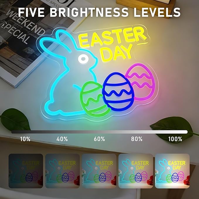 Easter Neon Sign Bunny Led Sign Egg Lights for Wall Decor Dimmable Happy Easter Rabbit Sign Decor for Party Door Window Easters Gifts for Kids
