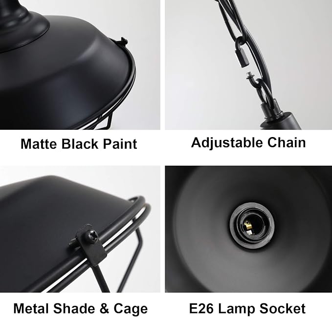 Black Farmhouse Pendant Light - 2 Pack Industrial Vintage Hanging Light Fixtures Metal Wire Cage Pendant Lighting with Adjustable Chain for Kitchen Barn Hallway Porch Dining Room