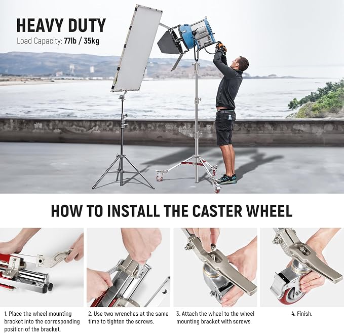 NEEWER Heavy Duty Stainless Steel Light Stand with Casters, 1-1/8" Junior Receiver, Spring Loaded 5/8" Baby Stud, Max Load 77lb, 7.9ft/240cm Junior Wheeled Stand for Studio Softbox Reflector, ST240SS