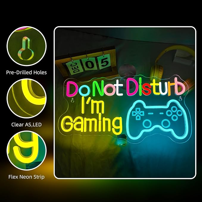 Do Not Disturb I AM Gaming Neon Sign Bright Large Colored Dimmable LED Headset Gamer Light and USB Powered Headphone Light Up Game Signs for Game Zone Video Room Boys' Bedroom Wall Decor
