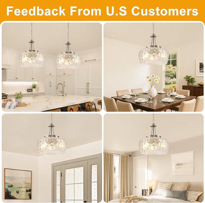 Modern Pendant Lights Kitchen Island, 3-Light Brushed Nickel Pendant Light Fixtures with 14.2" Clear Hammered Glass Shade, Hanging Pendant Lights Fixture for Kitchen Island Dining Room Foyer Entryway