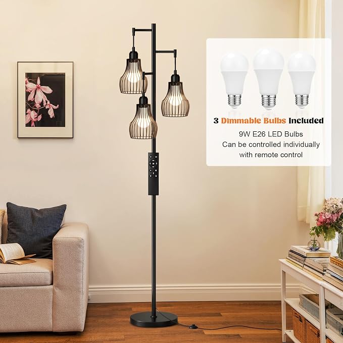 Ziisee Dimmable Floor Lamps for Living Room, Farmhouse Tree Standing Tall Lamp with Remote Control 3 Elegant Cage Shade LED Bulbs for Bedroom Office - Black