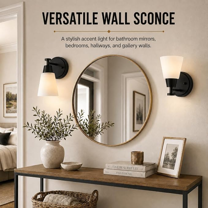 Wall Light Fixtures 2 Pack, Matte Black Vanity Lights with Milk Glass Shades, Modern Farmhouse Wall Sconces for Gallery, Mirror, Bedroom, and Bathroom
