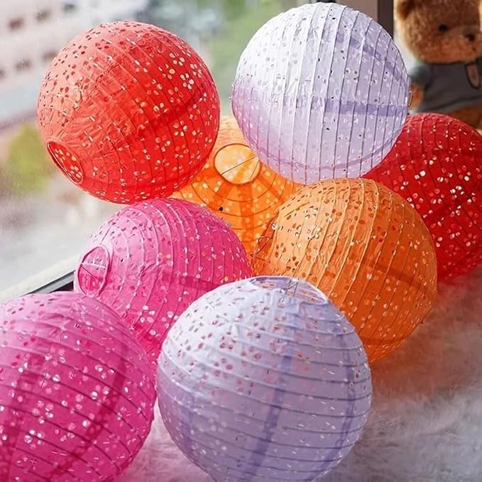 12Pcs Paper Lanterns Chinese Lunar New Year Decorations 2026 Chinese Japanese Decorative Hanging Paper Lanterns 8inch Round Hollow Colorful Lantern Lamps for Spring Festival Asian Home Party Decor