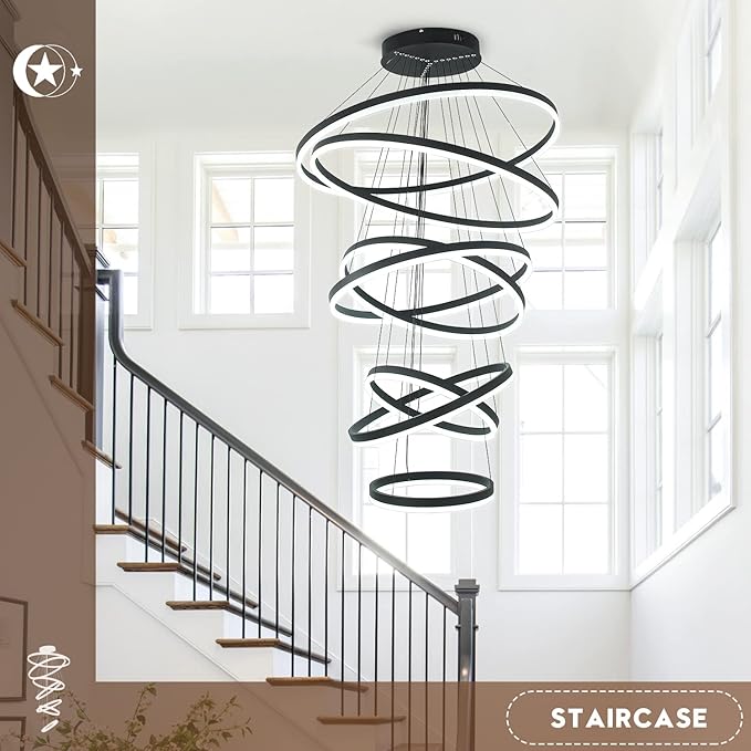 XGZL·LIGHTING 7-Rings Modern LED Chandelier Black D31.5’’ Contemporary High Ceiling Foyer Chandeliers Large with Remote Entryway for Living Room Entrance Staircase, 3000K-6000K