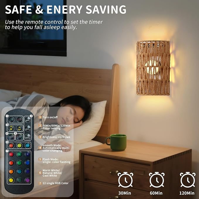 Battery Powered Wall Sconce, Rattan Rechargeable Wall lamp, Bohemian Wall Sconces with Remote Control RGB Dimmable, Wireless Wall Sconce Set of 2 for Bedroom, Hallway, Living Room