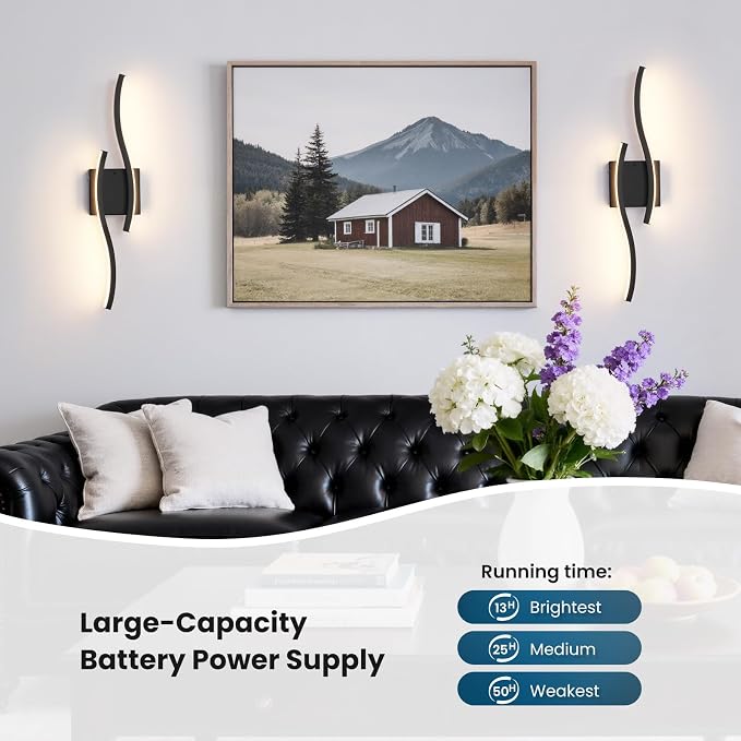 Black Battery Operated Wall Sconces: 23.6 Inch Rechargeable Sconce Lighting Set of 2 with Remote /3 Colors/10-100% Dimming/Timer Modern LED Wall Light for Bedroom Living Room Hallway Bathroom, 2 Pcs