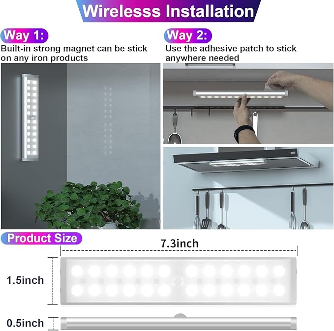 Under Cabinet Light Wireless with Remote, 15 Color RGB Magnetic Led Light Bar, 48-LED Rechargeable Closet Lights, 3 Timer & 4 Modes, LED Under Lighting for Kitchen, Pantry, Bedroom, Stairs (4 Pack)