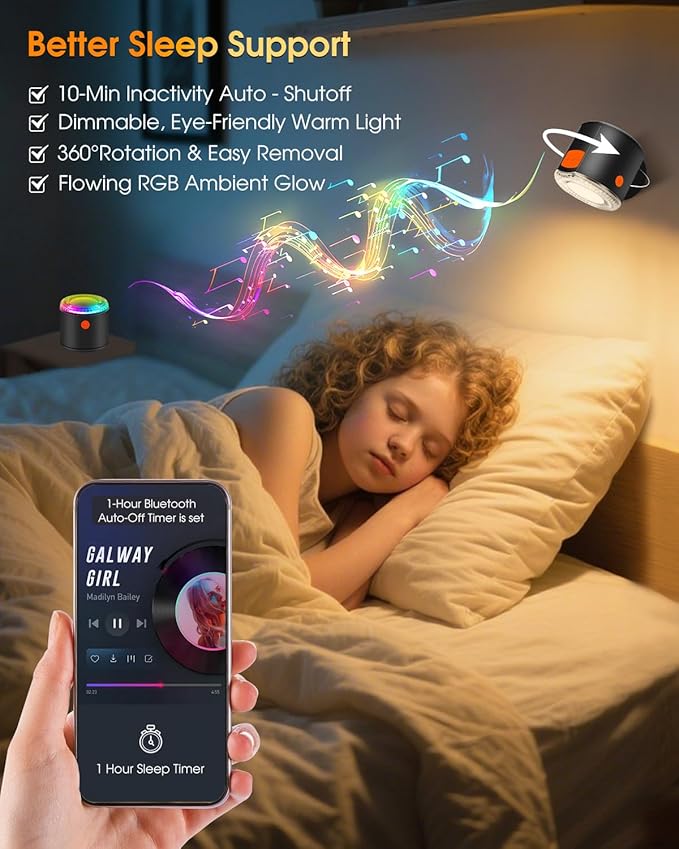 LED Wall Mounted Light, Battery Operated Wall Sconces with Bluetooth Speaker 3000mAh Rechargeable Wall Lights, Dimmable Bedside Reading Wall Lamp for Bedroom, White Light Dynamic RGB Music Sync Modes