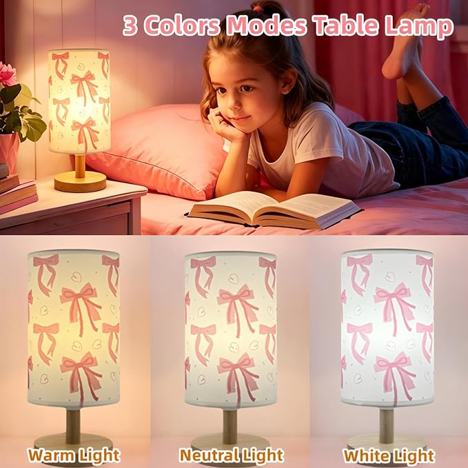 Pink Bow Table Lamp 3 Colors Mode Desk Lamp for Kids Bedroom Bedsdie Lamp | Girls Room Decorative Lights with Cartoon Lampshade,Nightstand Night Light for Girls & Boys Birthday Gift for Home Decoration