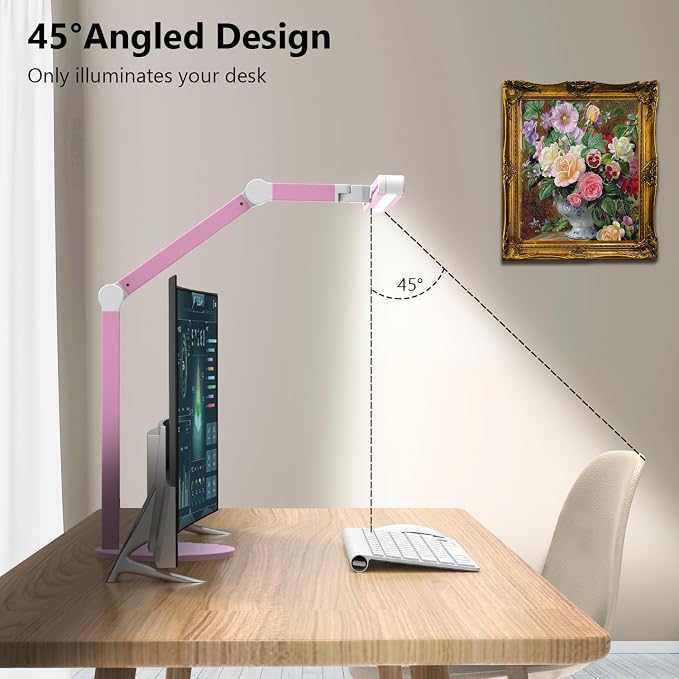 Led Desk Lamp with Base, Adjustable Tall Architect Desk Light for Home Office with Flexible Swing Arm, 24W Pink Bright Table Lamp Auto Dimming Computer Light for Workbench