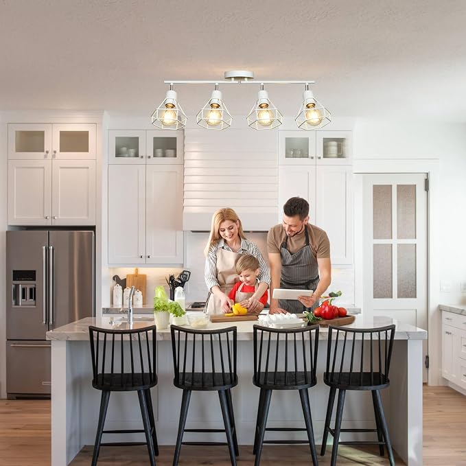 HiBay 4-Light Ceiling Track Lighting Fxiture White, Modern Spotlight, E26 | Rotatable 4 heads with farmhouse metal cage shade for kitchen bathroom vanity dining room, bulb not included