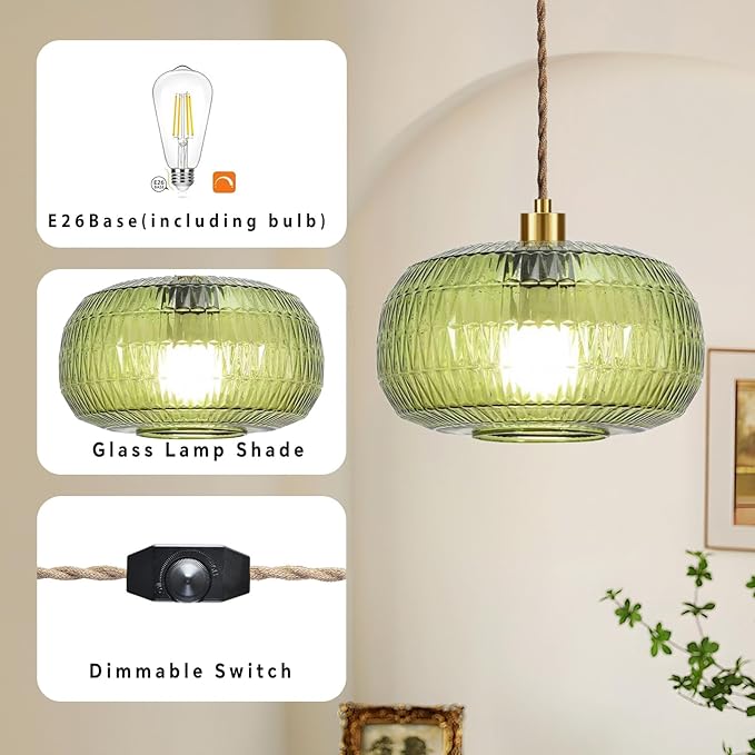 Plug in Pendant Light Glass Hanging Lights with Plug in Cord Boho Hanging Lamp Gold Mid Century Modern Vintage Dimmable Green Flower Plug in Chandelier Ceiling Fixture for Living Room,Kitchen