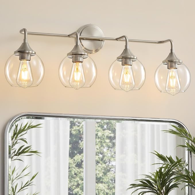 Bathroom Vanity Light 4-Light Brushed Nickel Vanity Lights 31" | Farmhouse Vanity Lighting Fixtures Over Mirror, Thickened Clear Glass Shade, UL E26 Dimmable Vanity Light Fixtures