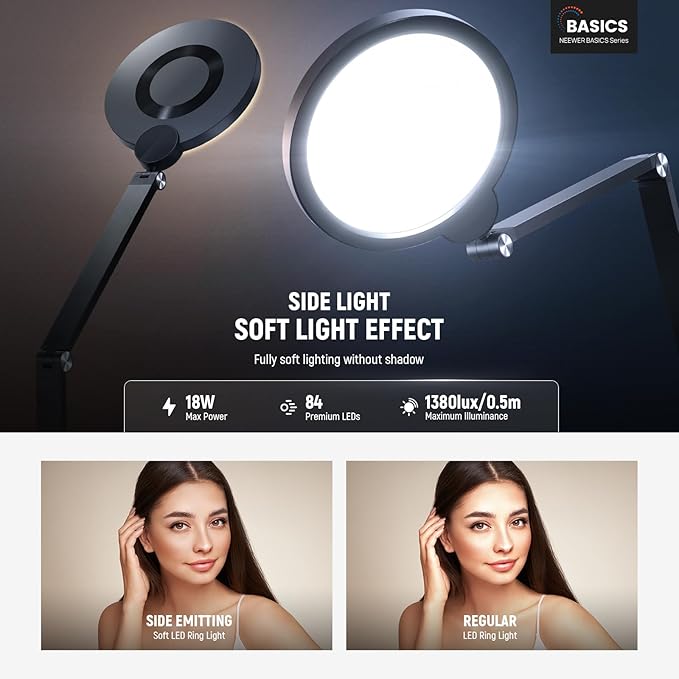 NEEWER Basics 18W 7" Ring Light with Desk Stand/C Clamp, 2 Pack 3000K-6500K Dimmable Full Screen LED Circle Lighting for Video Conference Streaming Phone Selfie Recording Laptop Computer Zoom, R18